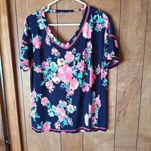 Sew In Love Blue Floral Short Sleeve Scoop Neck Top Size Small